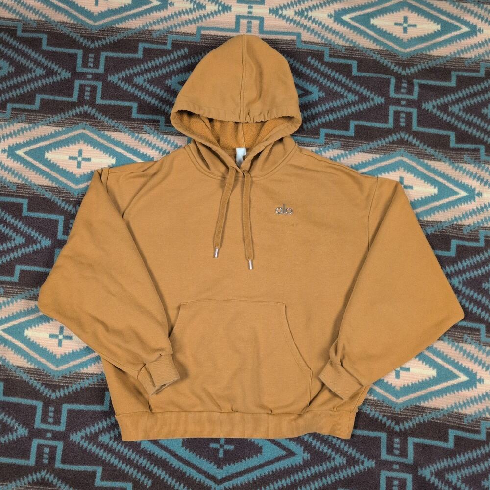 Alo Accolade Hoodie Large Mustard Yellow Oversized Pullover Athleisure Cropped